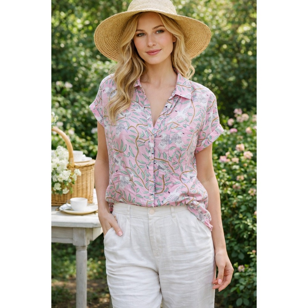 Cynthia Rowley Linen Bird Button Front Shirt‎ Size L Novelty Whimsical Tropical